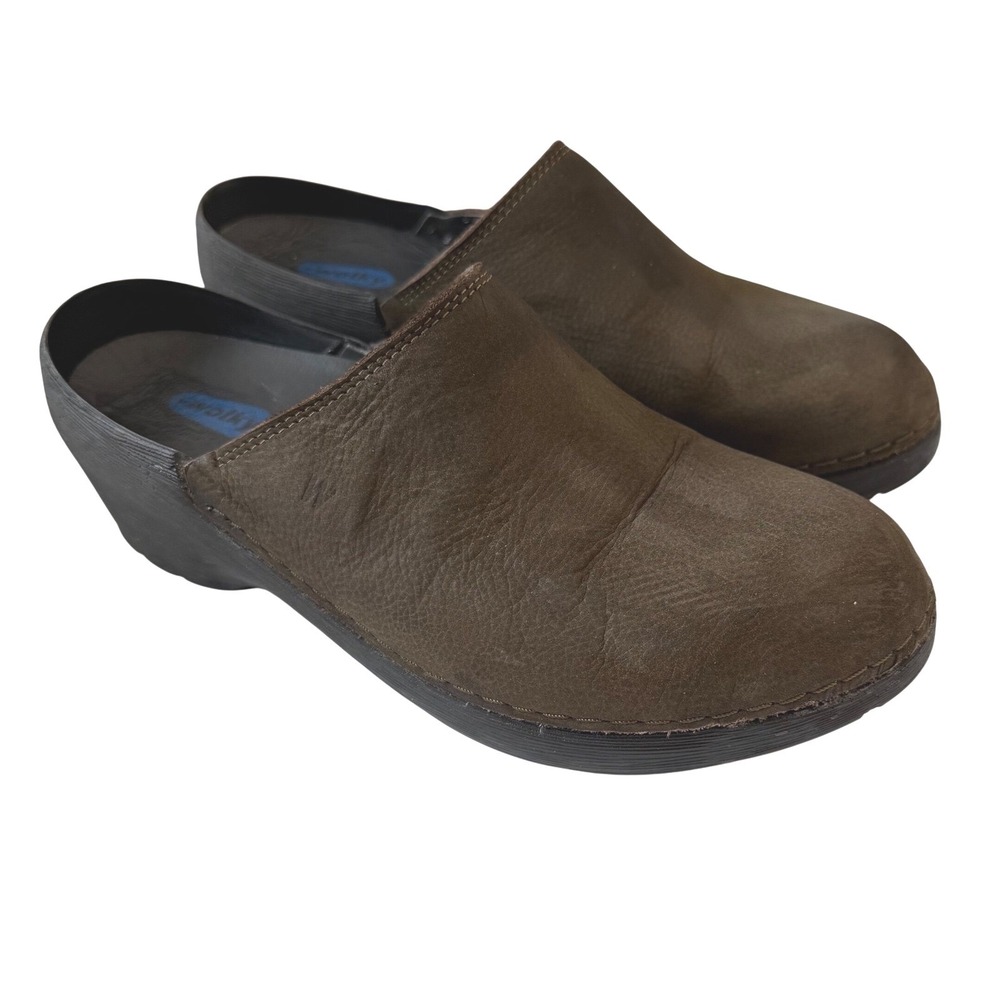 Wolky Dark Olive Green Leather Clogs Wedge Mules Womens 38 Comfort Dutch Design